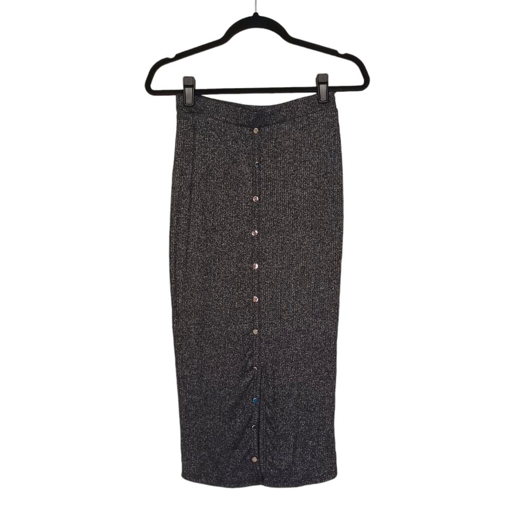 NEW ACTIVE USA Dark Gray Ribbed Faux Button Front Stretchy Midi Skirt Medium